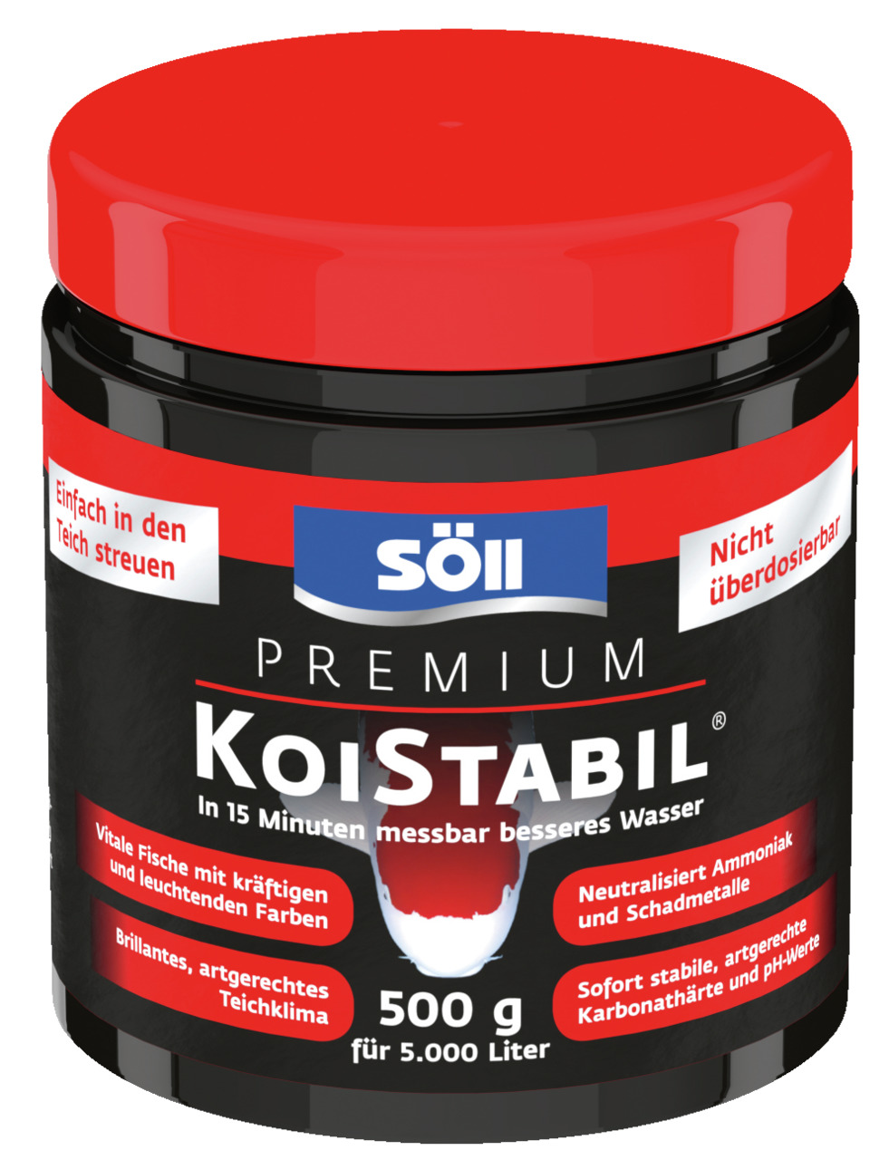 Das Bild zeigt eine schwarze Dose mit rotem Deckel der Marke Söll, Produktname "KoiStabil". Zielgruppe sind Koi-Teichbesitzer. Das Produkt verspricht vitale Fische mit kräftigen Farben, ein artgerechtes Teichklima und stabile Wasserwerte. Inhalt: 500 g, a