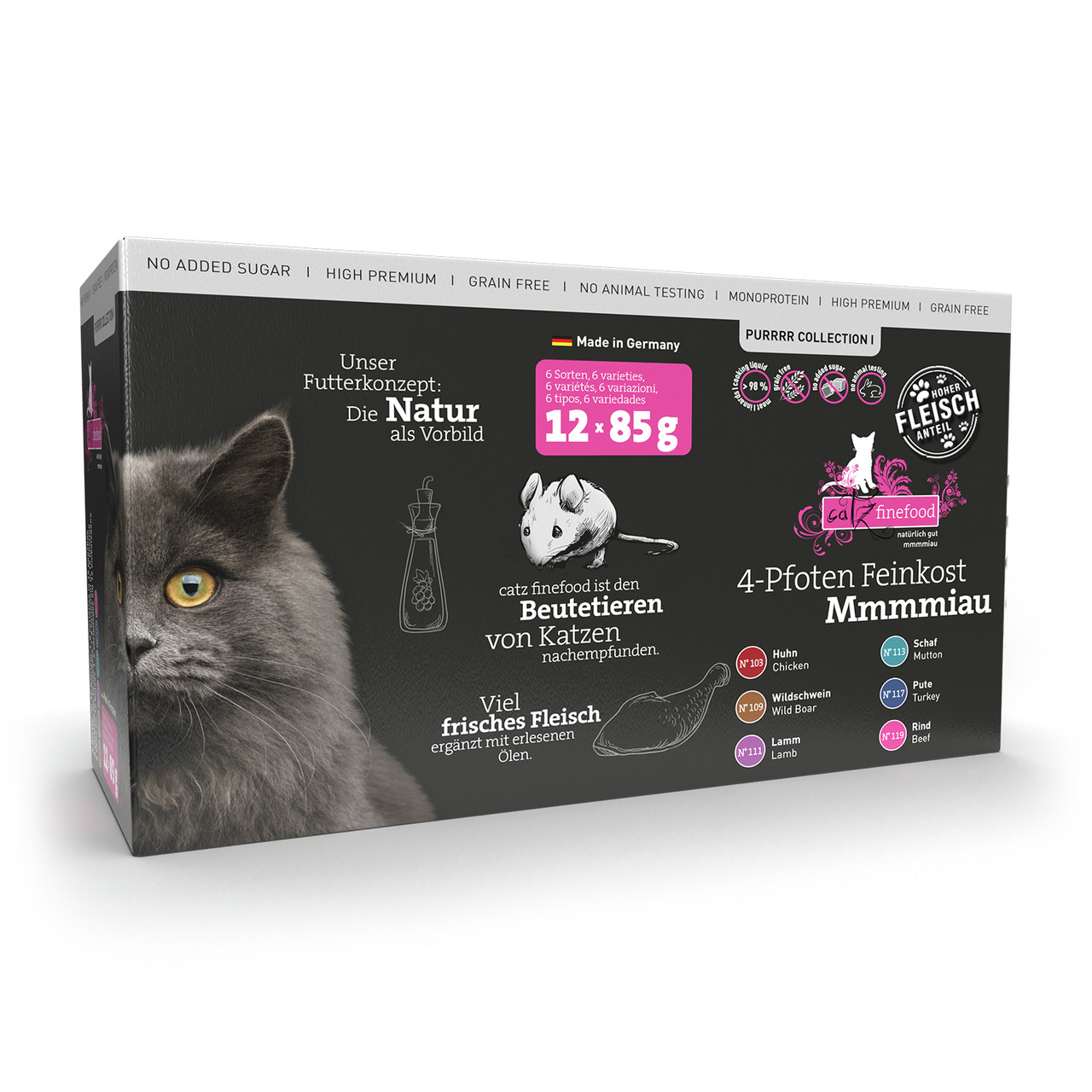 Das Bild zeigt eine Verpackung des Katzenfutters „Catz finefood 4-Pfoten Feinkost Mmmmiau“ der Marke Catz finefood. Zielgruppe sind Katzen. Enthalten sind 12 Portionsbeutel à 85 g in 6 Geschmacksrichtungen: Huhn, Wildschwein, Lamm, Schaf, Pute und Rind. D