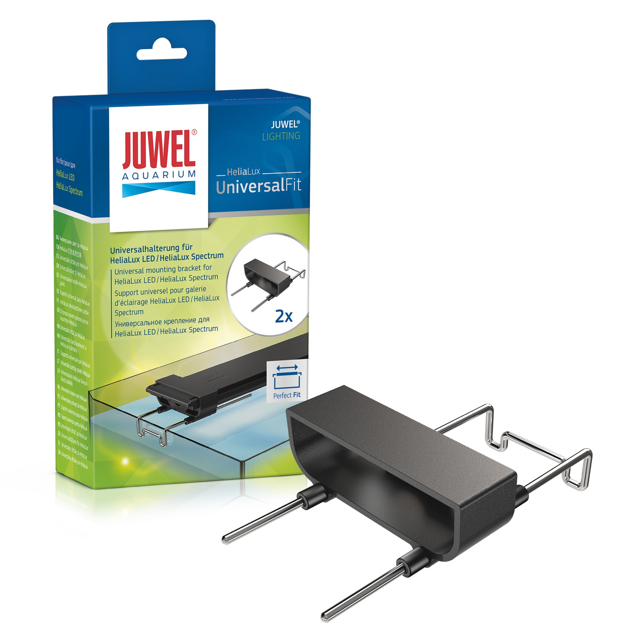 Das Bild zeigt die JUWEL HeliaLux UniversalFit Halterung, eine universelle Befestigung für HeliaLux LED- und HeliaLux Spectrum-Beleuchtungssysteme. Die Verpackung ist in Blau und Grün gestaltet und enthält zwei Halterungen. Geeignet für Aquarienbesitzer, 