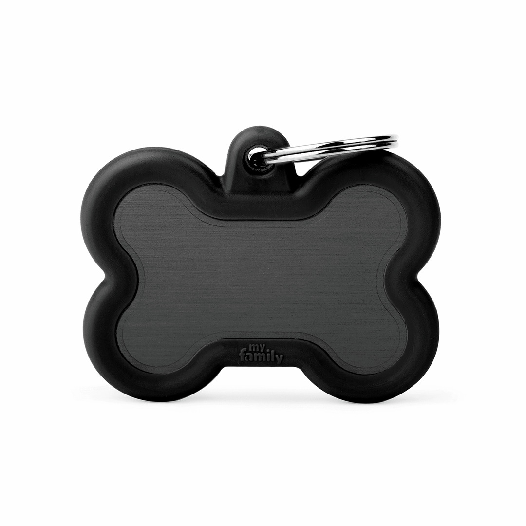 Hundemarke "My Family", Knochenform, schwarz, für Hunde, robust, matt, mit Metallring, ideal zur Personalisierung.