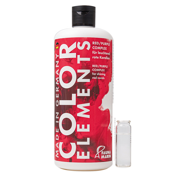 Das Bild zeigt eine weiße Flasche des Produkts „FAUNA MARIN Color Elements Red/Purple Complex“ mit rotem Etikett und der Aufschrift „für leuchtend rote Korallen“. Es handelt sich um ein Ergänzungsmittel für Korallen in Meerwasseraquarien. Neben der Flasch