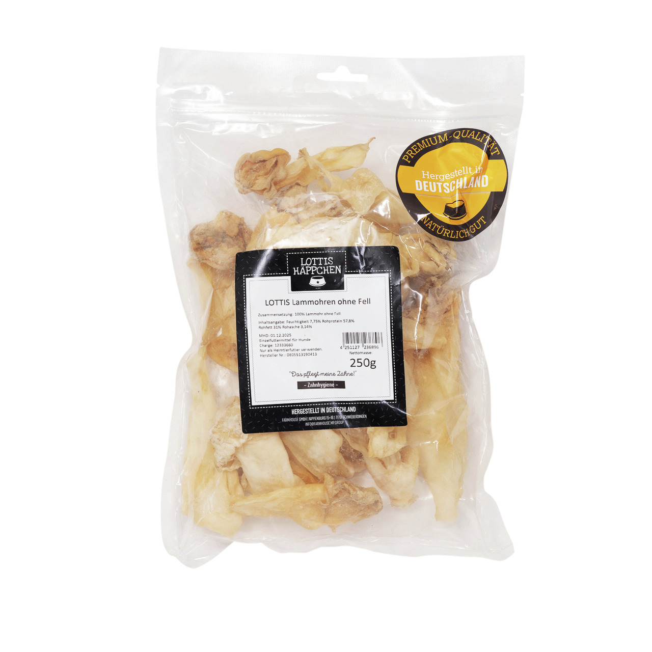 Lottis Häppchen Lammohren o. Fell, 250 g, natürl. Kausnack f. Hunde, Zahnpflege+Belohnung, hergestellt in Deutschland.