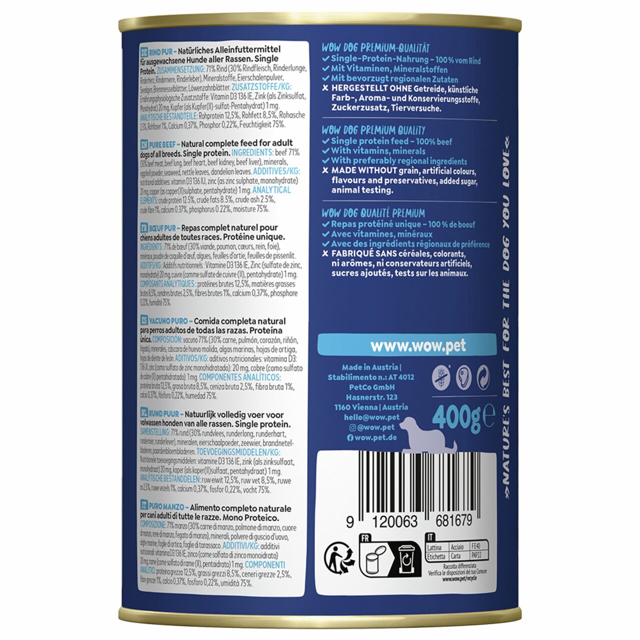 WOW DOG Rind pur, Alleinfuttermittel für Hunde, Geschmacksrichtung Rind, 400 g, ohne Getreide, Zuckerzusatz und Farbstoffe.