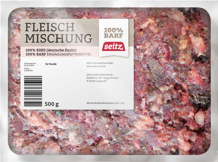 Seitz Fleischmischung, Ergänzungsfuttermittel für Hunde, 100 % Rind, BARF, 500 g, Lagerung bei -18 °C.
