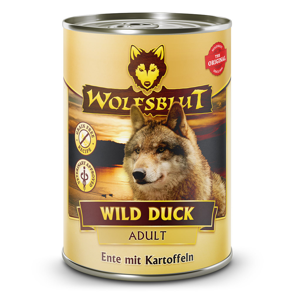 Wolfsblut Hundefutter Wild Duck, Adult, Ente+Kartoffeln, getreidefrei, 395 g, mit Wolfskopf-Logo+Sonnenuntergang.