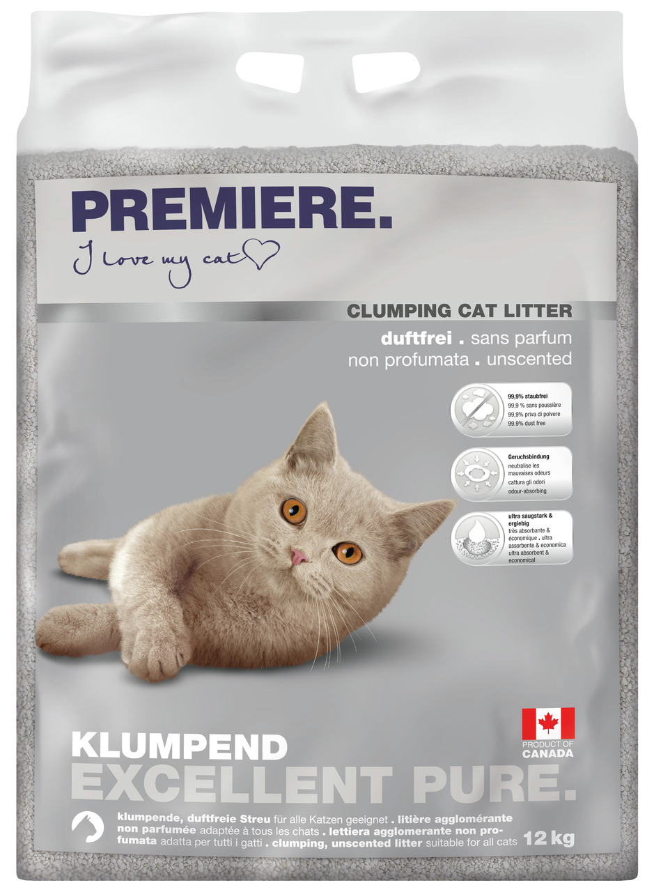 PREMIERE Klumpstreu „Excellent Pure“ für Katzen, 12 kg, duftfrei, 99,9 % staubfrei, starke Geruchsbindung, hohe Saugkraft, Kanada.