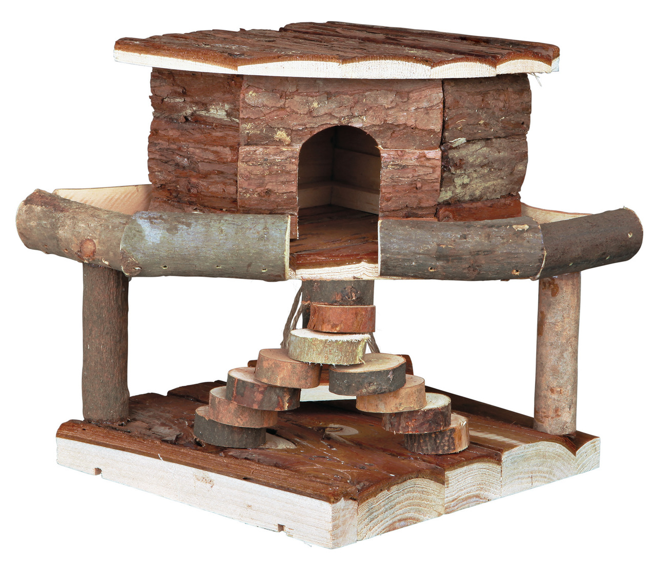 Das Bild zeigt das TRIXIE Naturhaus für Kleintiere, ein zweistöckiges Holzhaus aus unbehandeltem Naturmaterial. Es ist ideal für Kleintiere wie Hamster oder Mäuse und bietet eine gemütliche Rückzugsmöglichkeit. Die Konstruktion umfasst eine Treppe und Pla