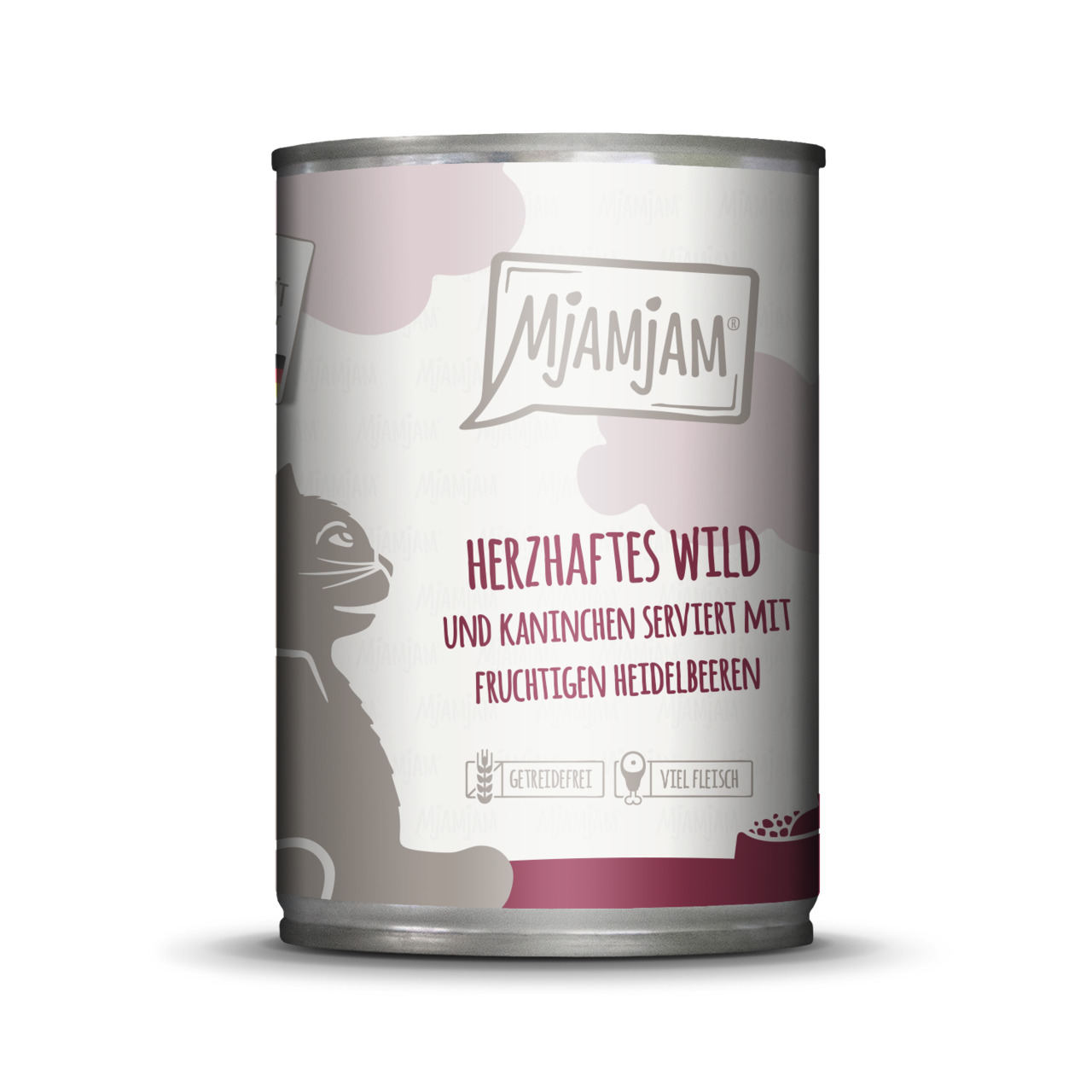 Das Bild zeigt eine Dose Katzenfutter der Marke MJAMJAM mit der Geschmacksrichtung „Herzhaftes Wild und Kaninchen serviert mit fruchtigen Heidelbeeren“. Das Produkt ist getreidefrei und enthält einen hohen Fleischanteil. Die Zielgruppe sind Katzen. Die Me
