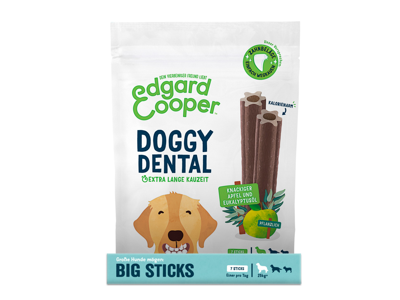 Edgard & Cooper Doggy Dental, Zahnpflegesticks f. Hunde ab 25 kg, Apfel & Eukalyptus, 7 Sticks, kalorienarm, extra lange Kauzeit.