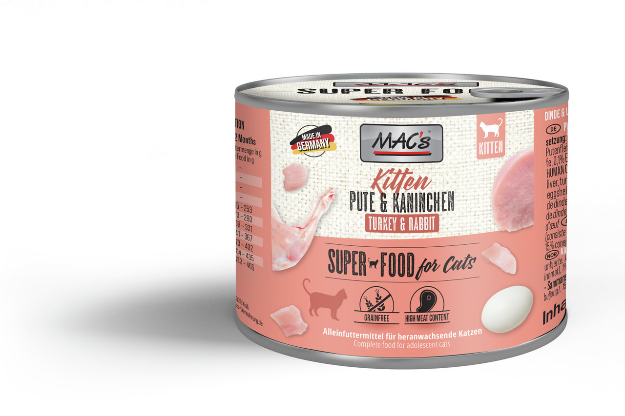 MAC's Kitten Pute & Kaninchen, 200 g, Alleinfuttermittel f. heranwachsende Katzen, getreidefrei, hoher Fleischanteil, made in Germany.