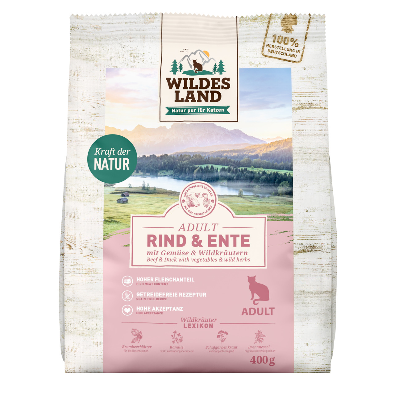 Das Bild zeigt eine Verpackung des Katzenfutters „Wildes Land Adult Rind & Ente“ mit Gemüse und Wildkräutern. Es handelt sich um ein getreidefreies Produkt mit hohem Fleischanteil, speziell für ausgewachsene Katzen. Die Verpackung enthält 400 g und hebt d