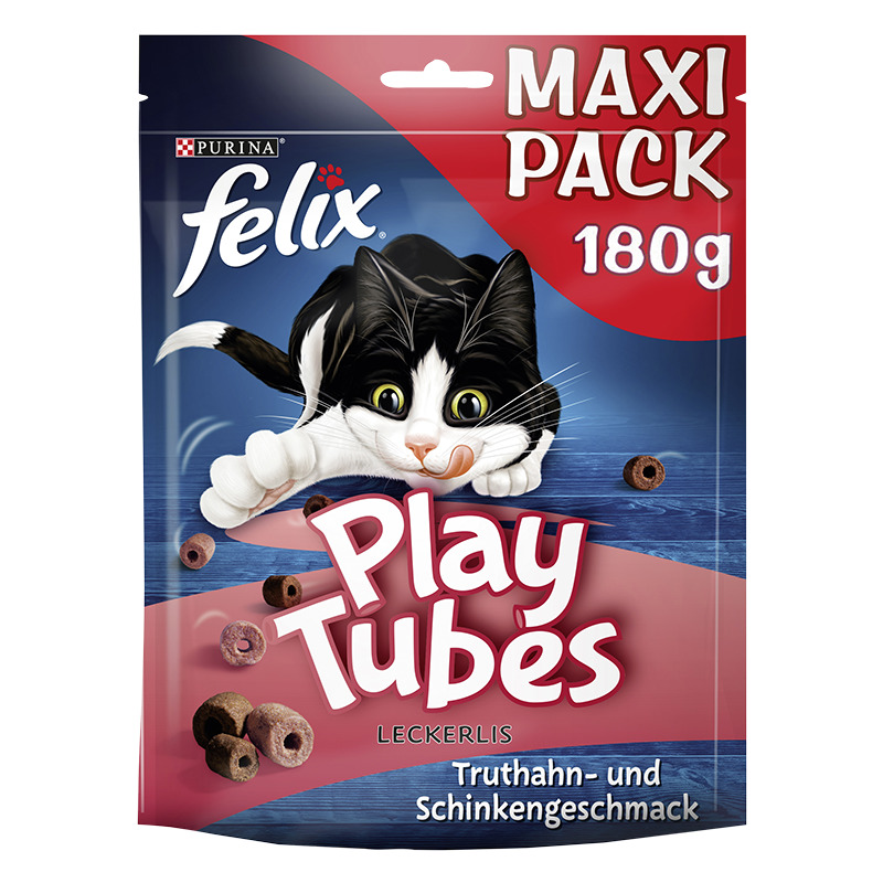 Purina Felix Play Tubes Leckerlis für Katzen, Truthahn- & Schinkengeschmack, Maxi Pack 180 g, spielerisches Design mit Katze.