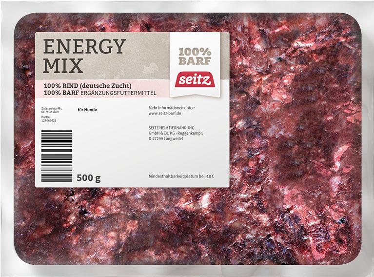 Seitz Energy Mix, Ergänzungsfuttermittel für Hunde, 100 % Rind (deutsche Zucht), 500 g, tiefgefroren, Teil der 100 % BARF-Linie.