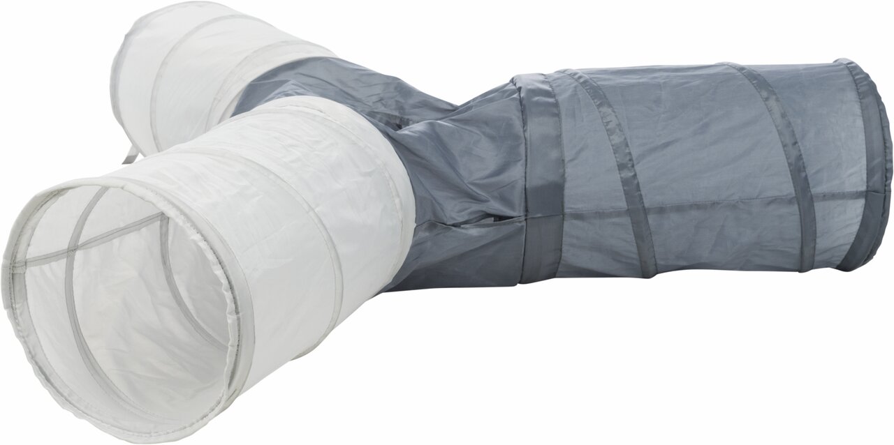 TRIXIE Spieltunnel für Katzen, in Weiß und Grau. Fördert Aktivität und Spielfreude, ideal für neugierige Katzen. Länge: ca. 115 cm.