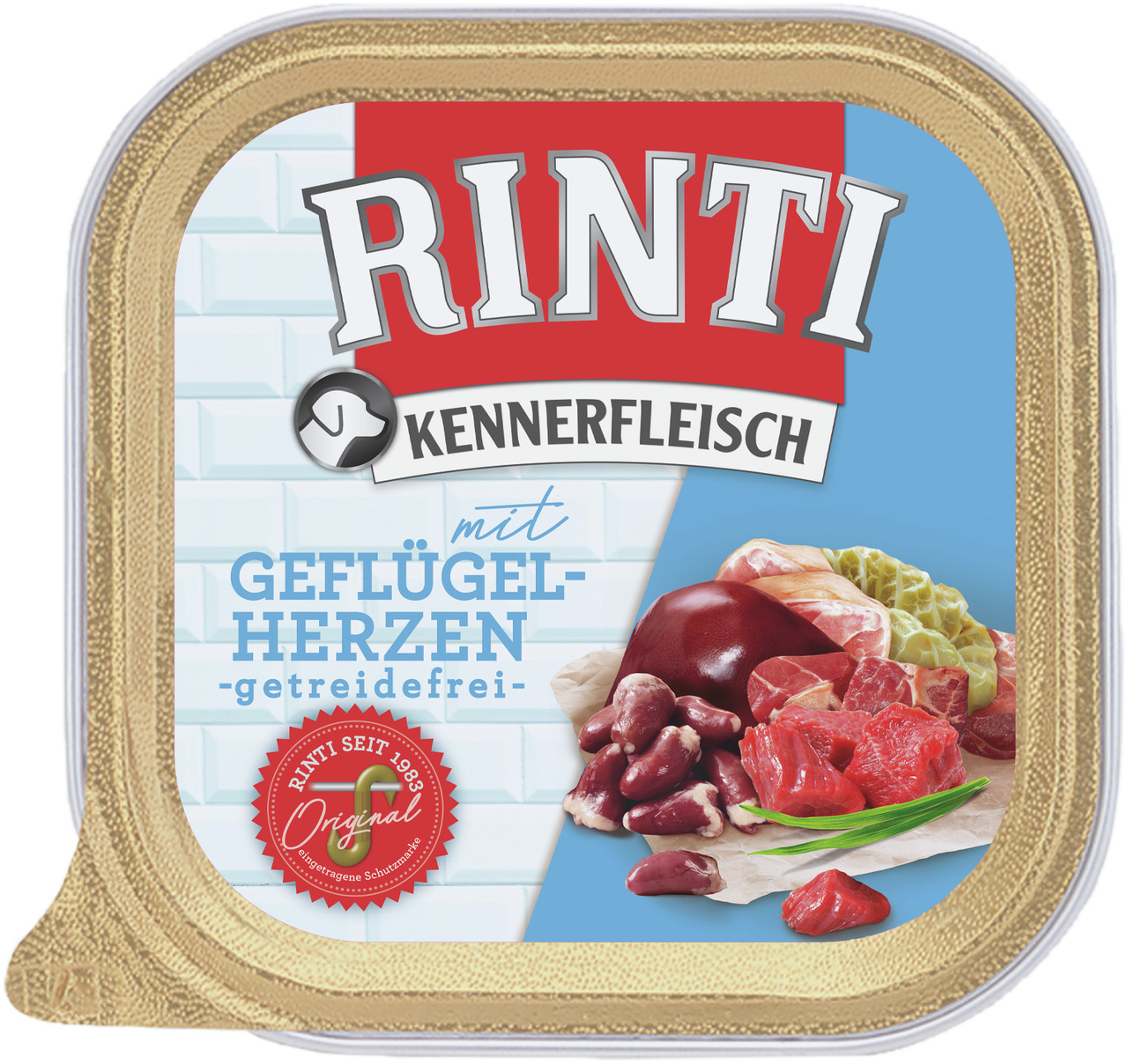 RINTI Kennerfleisch Geflügelherzen, Hunde, getreidefrei, 300 g, „RINTI seit 1983 – Original“.