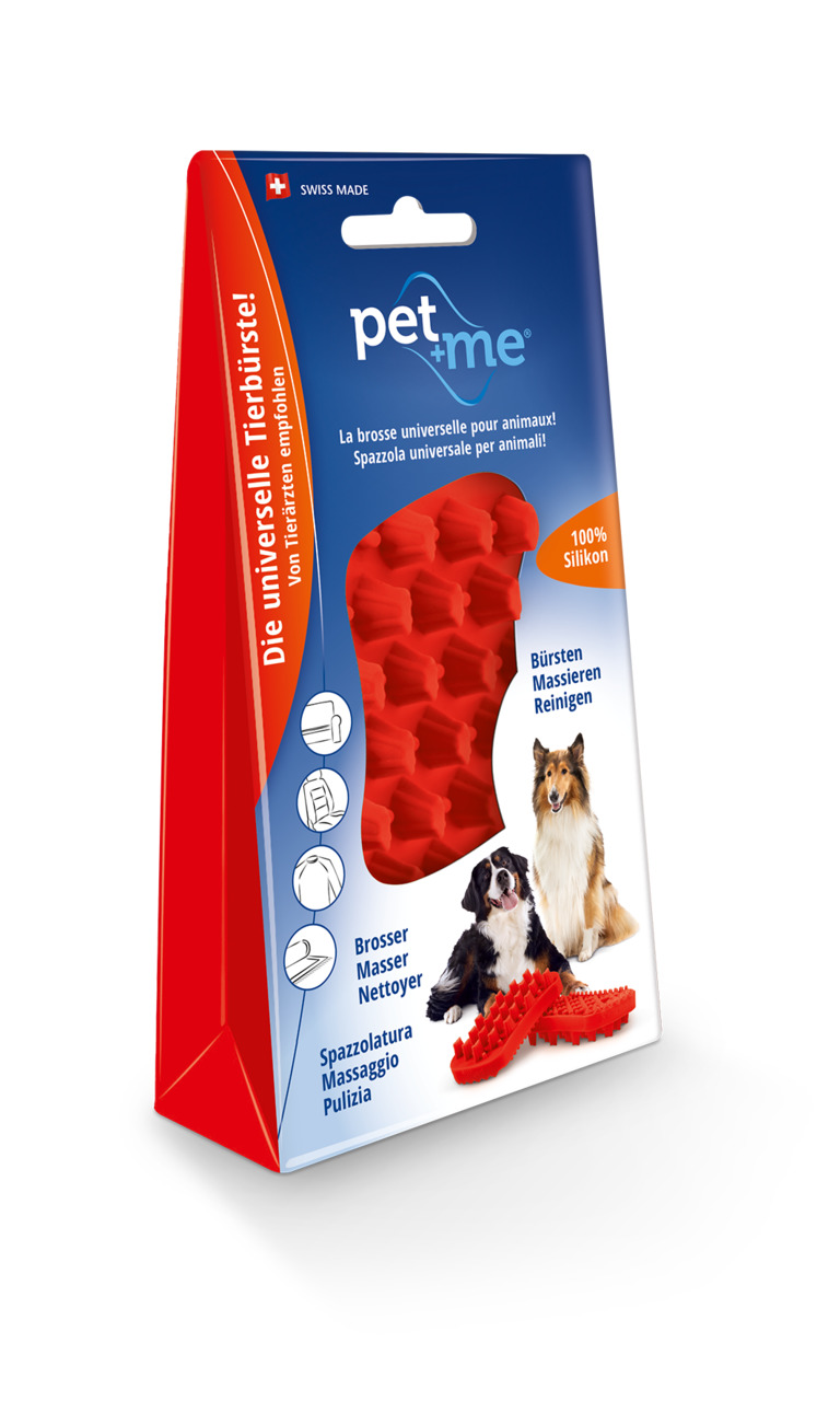 Tierbürste „pet+me“ für Hunde & Katzen, 100 % Silikon, ideal zum Bürsten, Massieren & Reinigen, Swiss Made, von Tierärzten empfohlen.
