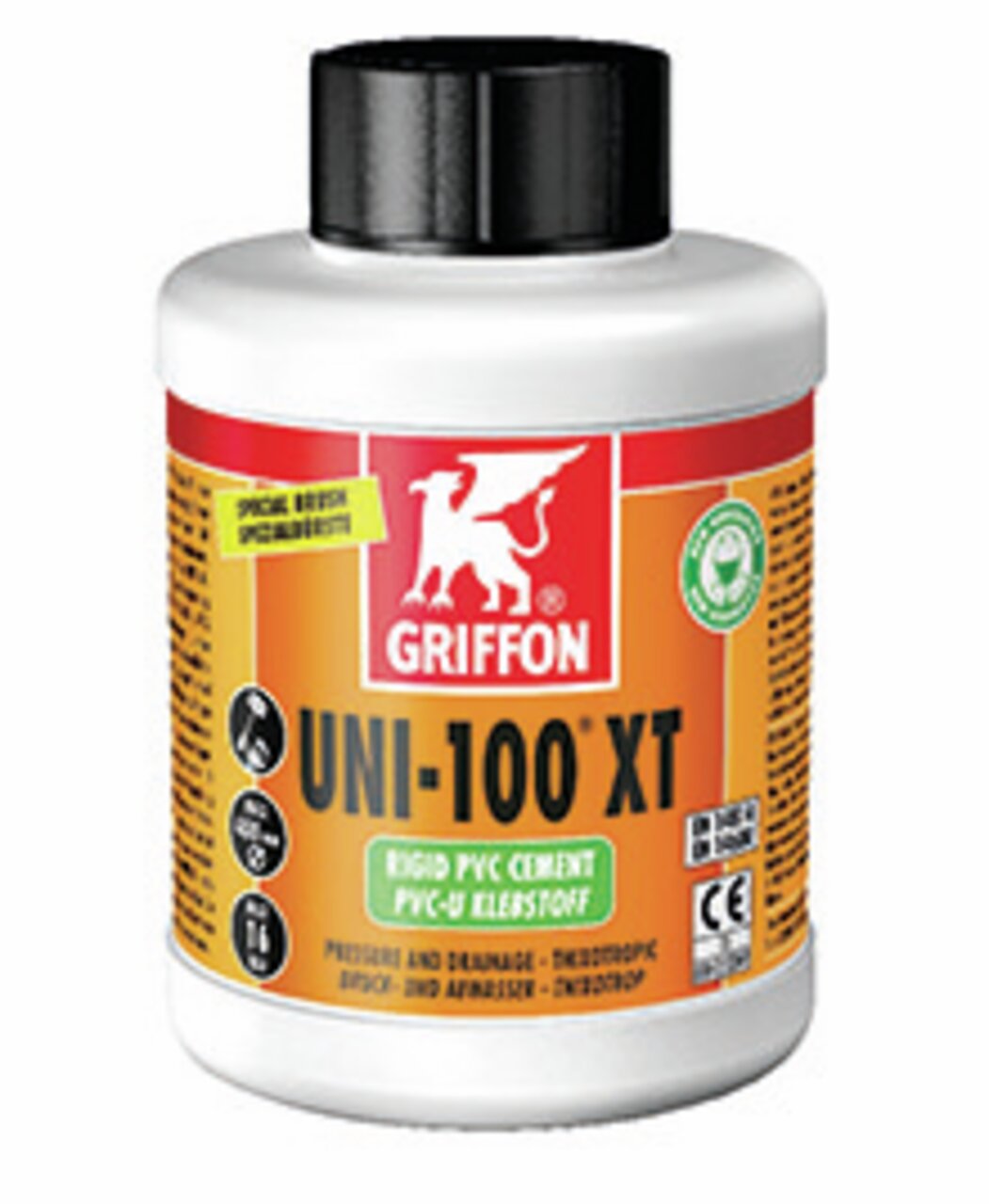 Griffon UNI-100 XT PVC-Kleber für Druck und Entwässerung, spezielle Bürste im Deckel integriert, 250g, CE-geprüft.