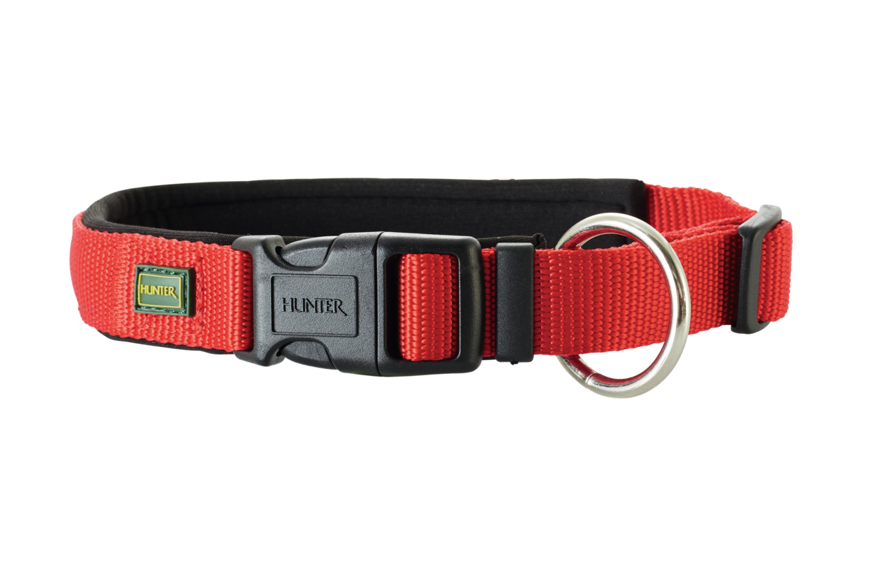 HUNTER Hundehalsband "Neopren", Nylon, Neopren-Polsterung, rot, für alle Hundegrößen, stabiler Klickverschluss, Metallring.