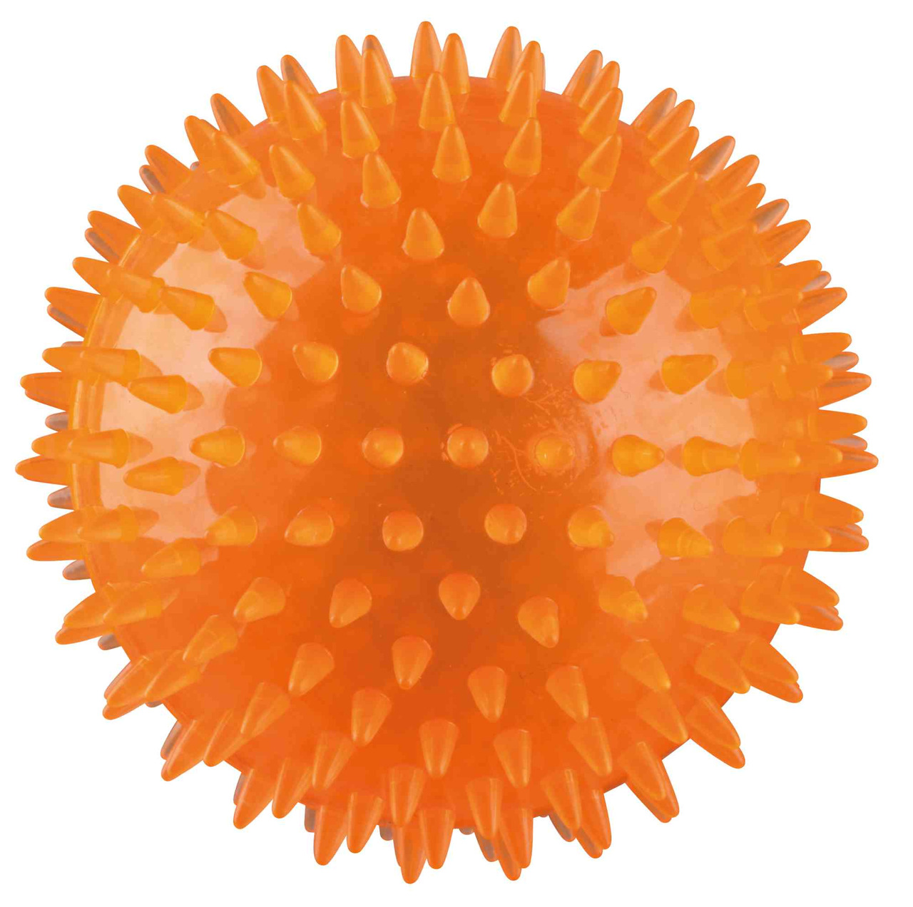 Das Bild zeigt den TRIXIE Igelball für Hunde, ein orangefarbenes Spielzeug mit weicher, genoppter Oberfläche. Es ist speziell für Hunde entwickelt und dient der Zahnpflege sowie dem Spielspaß. Der Ball hat eine runde Form und ist ideal für Apportierspiele
