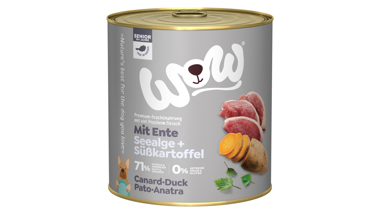 Sparpaket 6 x 800 g Wow Senior Ente mit Seealge + Süßkartoffel Hunde Nassfutter