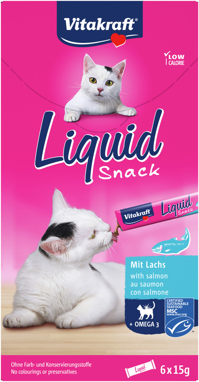 Vitakraft Liquid Snack Lachs, Ergänzungsfutter f. Katzen, Omega-3, kalorienarm, 6x15g, MSC-zert., ohne Farb--Konservierungsstoffe.