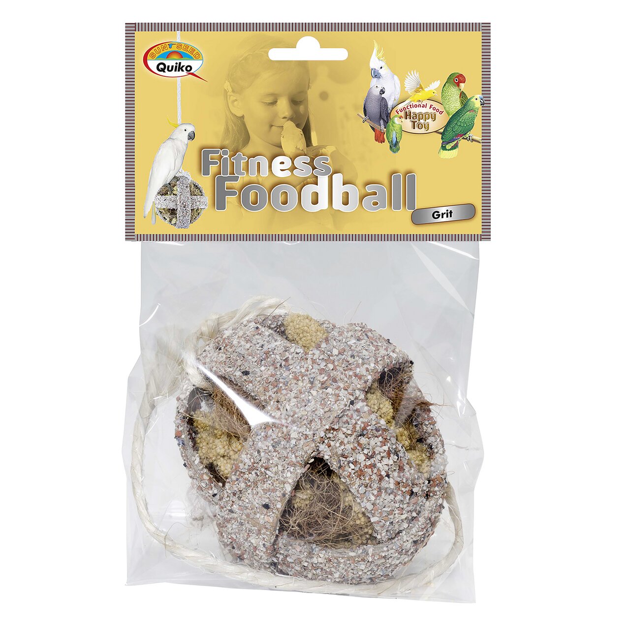 Das Bild zeigt das Produkt „Quiko Fitness Foodball Grit“, ein Nahrungsergänzungsmittel für Vögel. Zielgruppe sind Ziervögel wie Papageien und Sittiche. Der Ball besteht aus Grit und weiteren natürlichen Materialien, die zur Beschäftigung und Förderung der