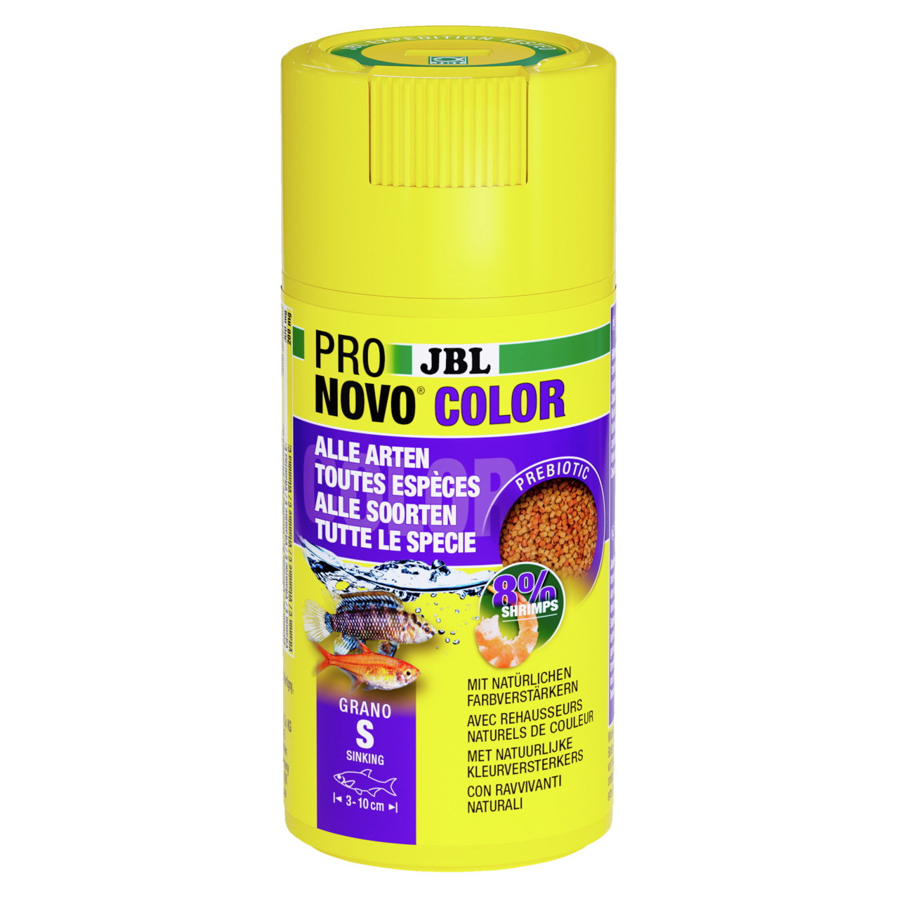 JBL ProNovo Color Grano S, Fischfutter f. Zierfische (3-10 cm), 8 % Garnelen, Farbverstärker, präbiotisch, 100 ml, fördert Farben+Gesundheit.