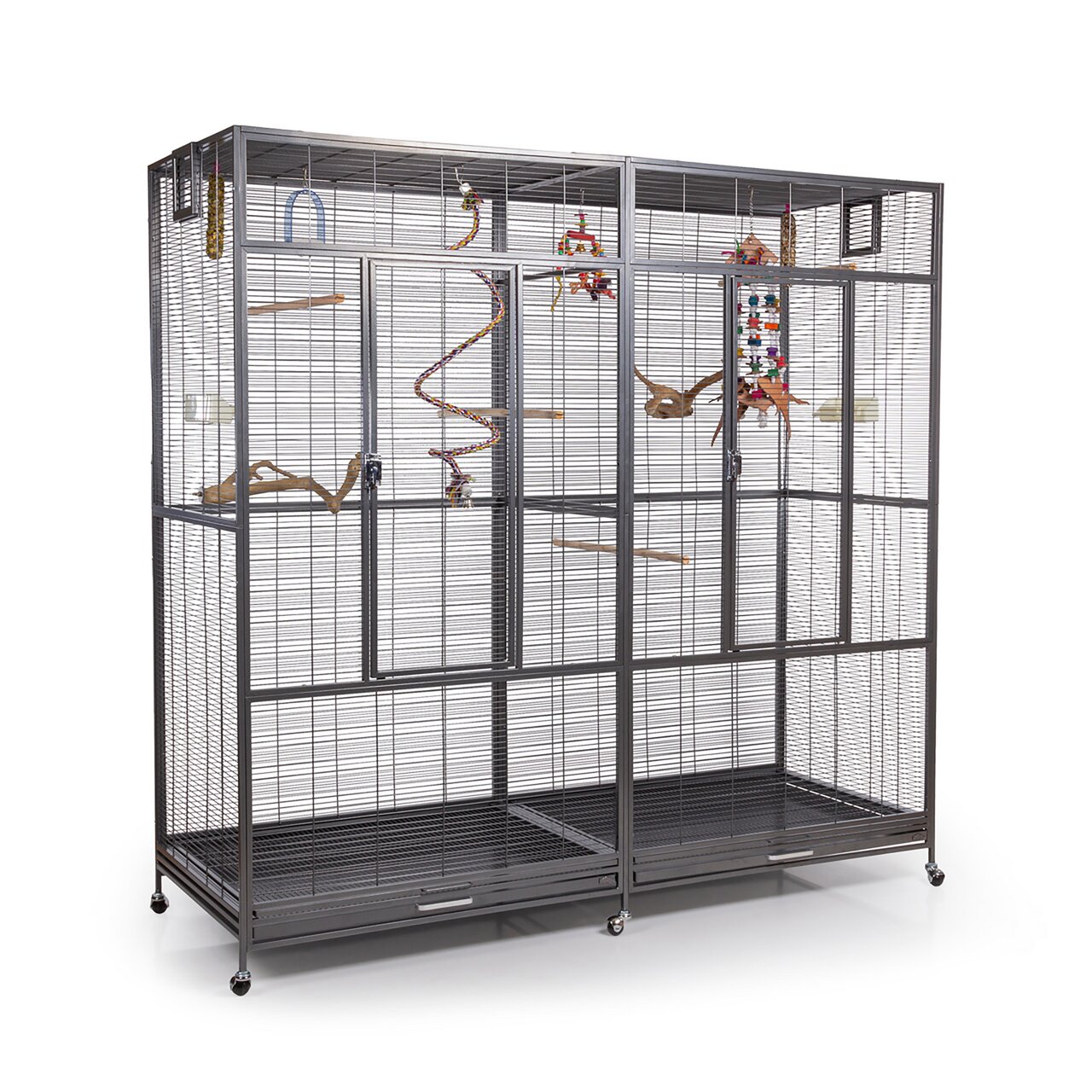 Großer Vogelkäfig Montana Cages für Vögel, mit Spielzeug und Sitzstangen, in dunklem Metall, auf Rollen, leicht zu reinigen.