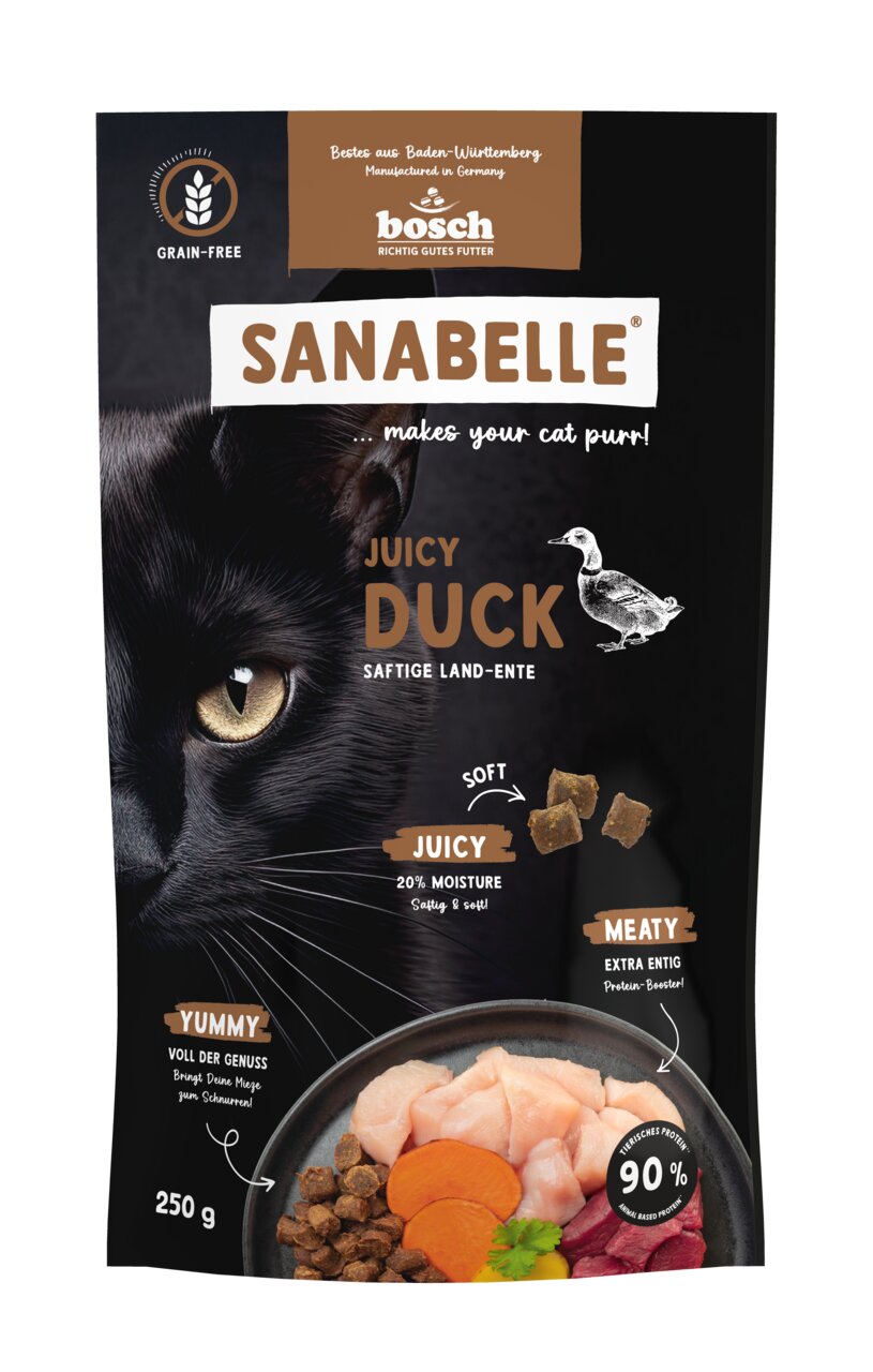 Sanabelle Juicy Duck von Bosch, Nassfutter für Katzen, getreidefrei, saftige Landente, 90 % tierisches Protein, 250 g.