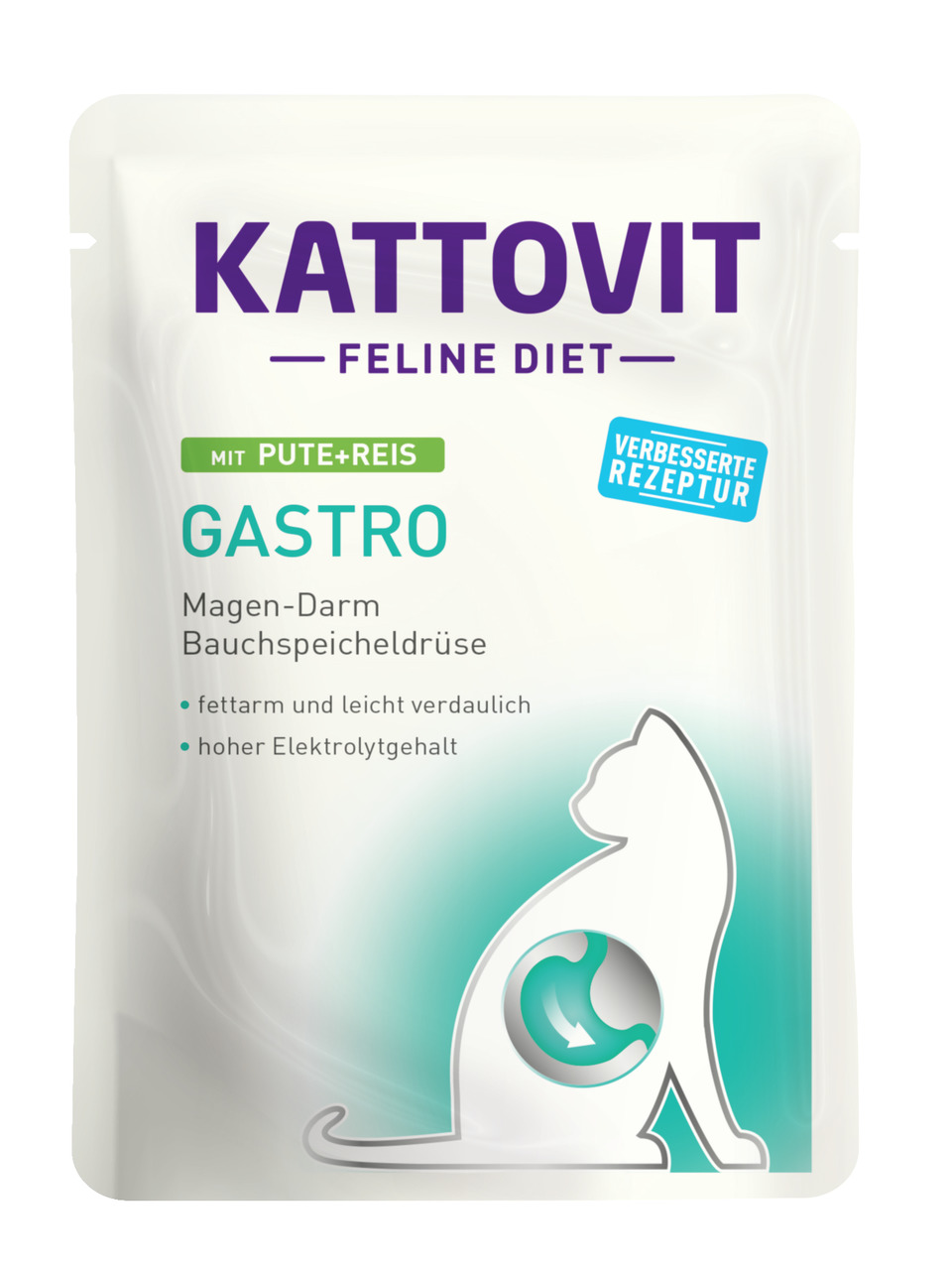 Kattovit Feline Diet Gastro, Pute & Reis, für Katzen mit Magen-Darm-Problemen, fettarm, leicht verdaulich, 85 g.