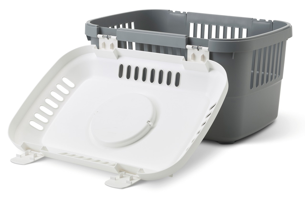 SAVIC Transportbox f. Katzen & kl. Hunde, robuster grauer Kunststoff, weißer Deckel m. Lüftungsschlitzen, ideal f. sicheren Transport.