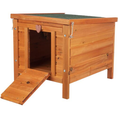 Holz-Kleintierhaus von TRIXIE, geeignet für Kaninchen und andere Kleintiere. Das wetterfeste Haus aus lasiertem Kiefernholz bietet Schutz und Komfort. Mit aufklappbarem Dach, Herz-Dekoration und Rampe für einfachen Zugang. Perfekt für den Außenbereich. Ma