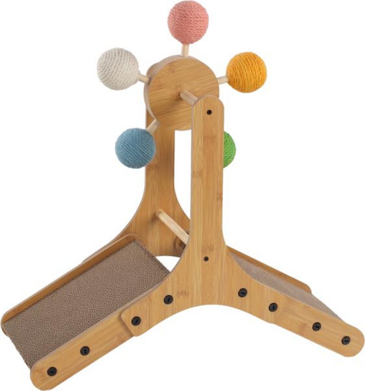 Kratzspielzeug aus Bambus von Flamingo für Katzen, mit bunten Sisalkugeln und Kratzfläche, robust und modern designt.