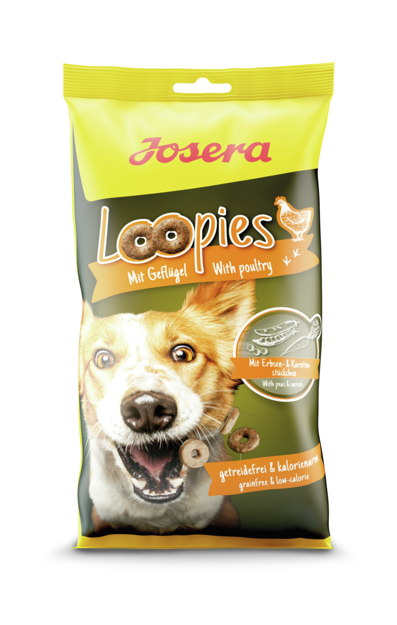 Josera Loopies Hundefutter, Geflügel, getreidefrei, kalorienarm, mit Erbsen- & Karottenstückchen. Zielgruppe: Hunde.