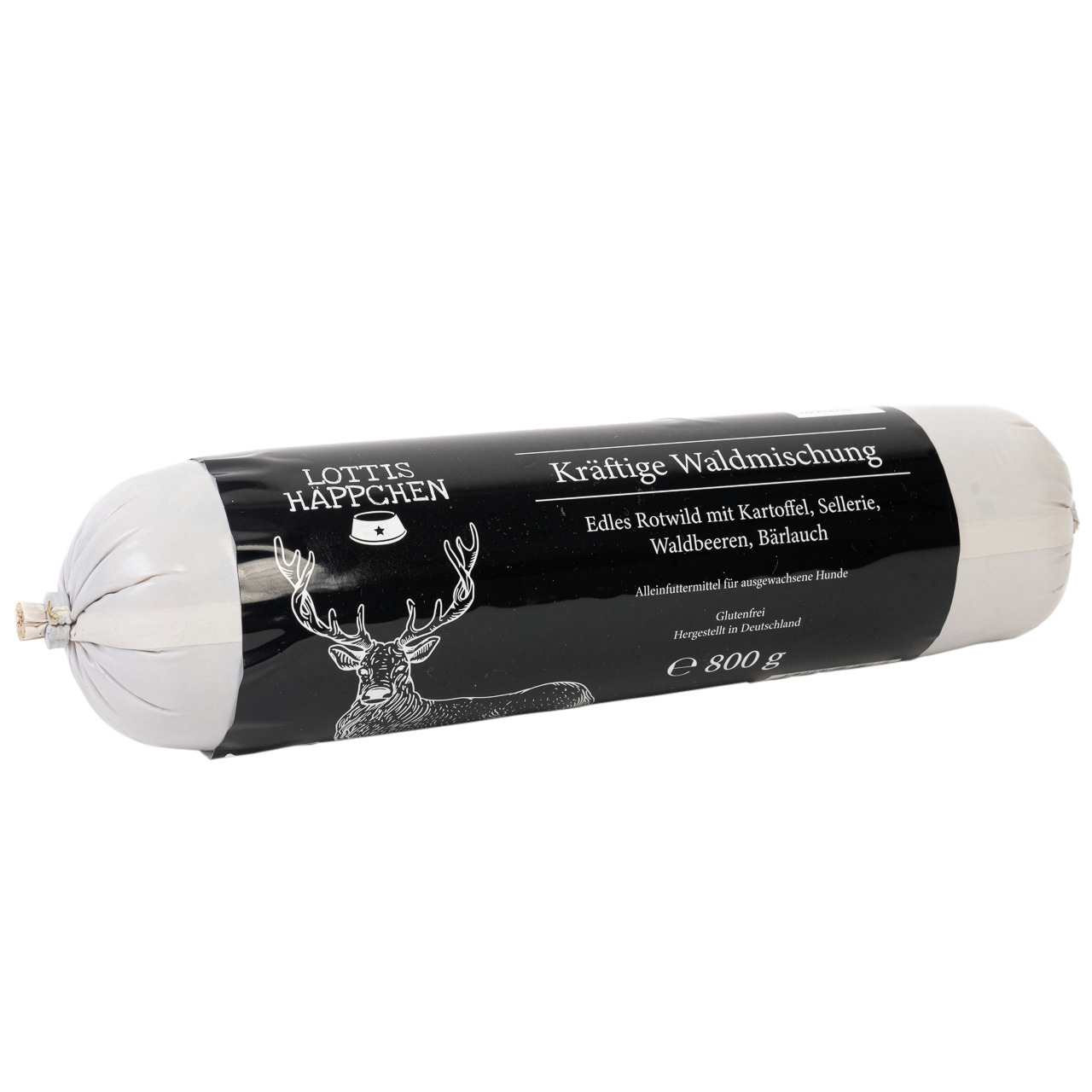Lottis Häppchen Wurst 800 g, Kräftige Waldmischung, für ausgewachsene Hunde, mit Rotwild, Kartoffel, Sellerie, Waldbeeren, glutenfrei.