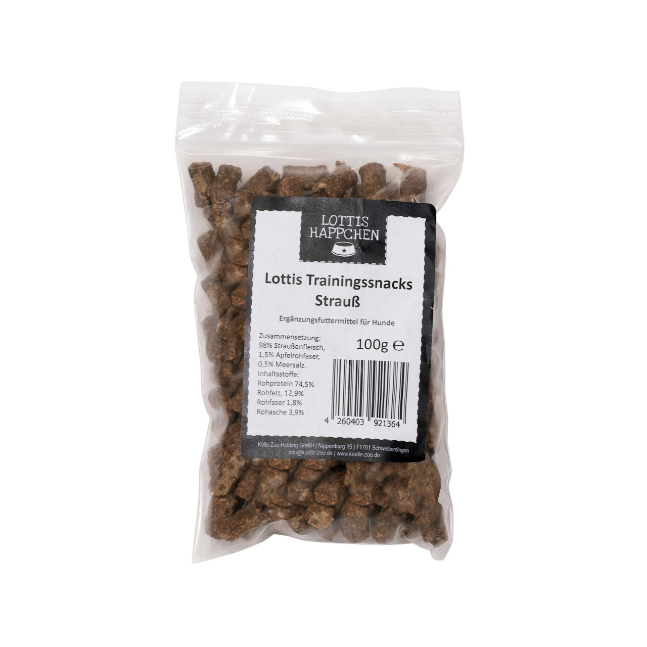 Lottis Häppchen Trainingssnacks Strauß, Ergänzungsfutter f. Hunde, 98 % Strauß, mit Apfelfasern & Meersalz, 100 g.
