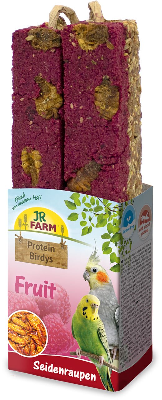 JR FARM Protein Birdys Fruit für Ziervögel, Geschmacksrichtung Seidenraupen, 2 Stück, ideal als Snack und Proteinquelle.