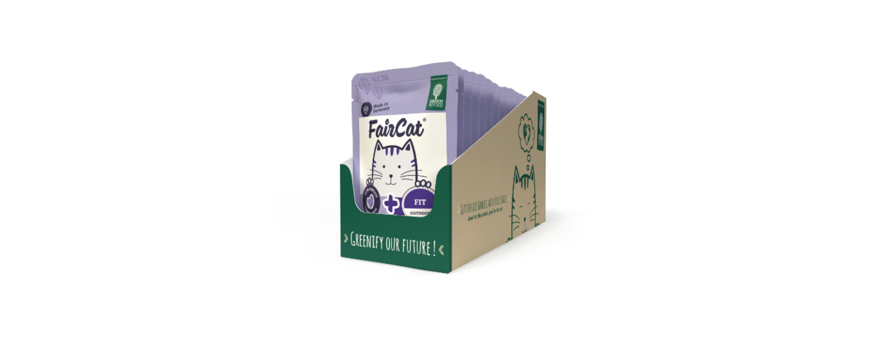 Green Petfood FairCat Fit, für ausgewachsene Katzen, Geschmack Geflügel, 85 g, umweltfreundl. Kartonbox, „Greenify our future!“.