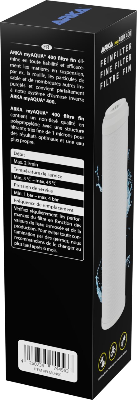 ARKA myAQUA 400 Feinfilter für Umkehrosmoseanlagen, 1 Mikron, entfernt Rost und Partikel, Wechsel nach 6 Monaten.