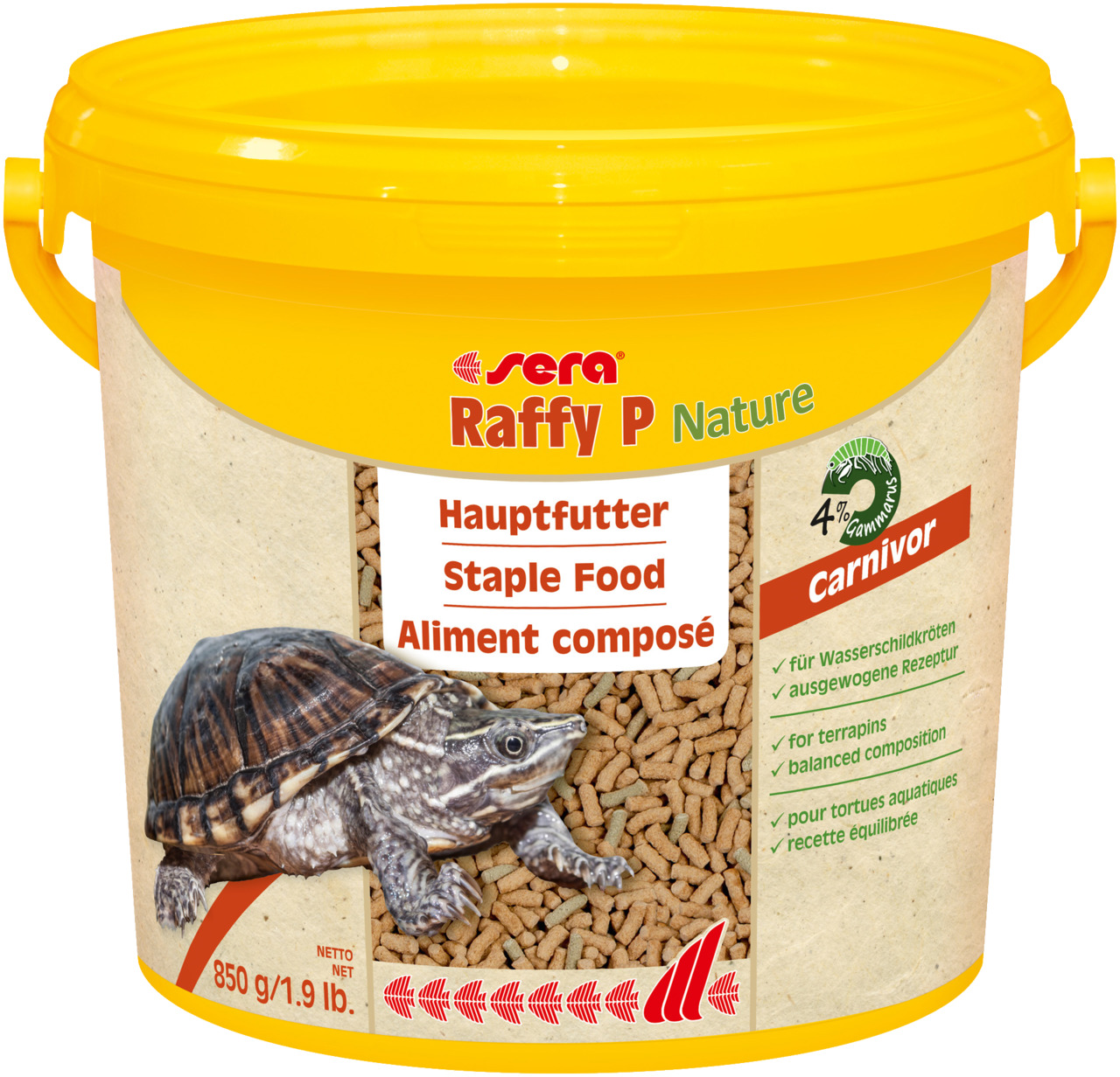sera Raffy P Nature, Hauptfutter f. carnivore Wasserschildkröten, 4 % Gammarus, ausgewogene Rezeptur, 850 g.