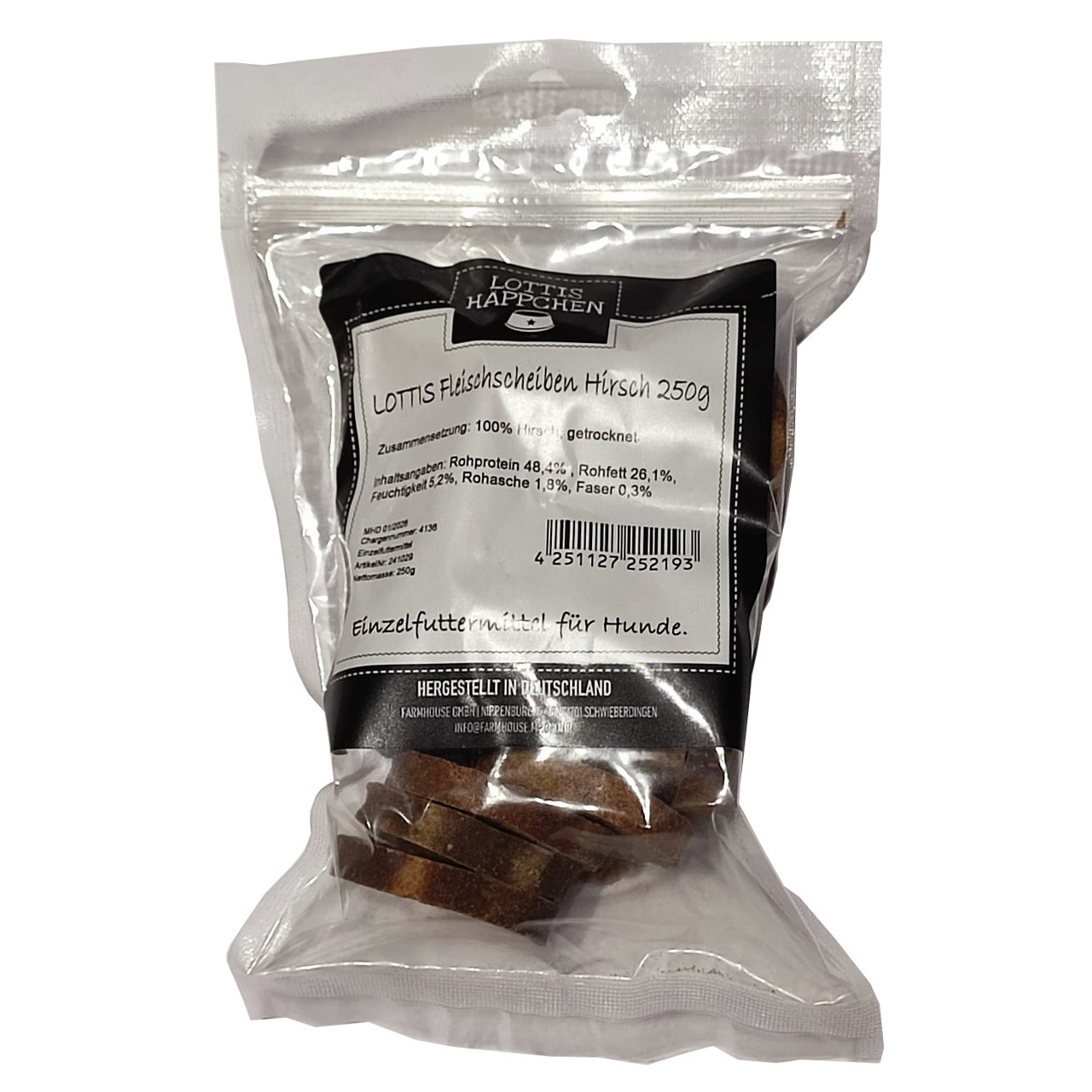 LOTTIS HÄPPCHEN, 250 g getr. Fleischscheiben (100 % Hirsch), für Hunde, Einzelfuttermittel, hoher Proteingehalt, made in Germany.