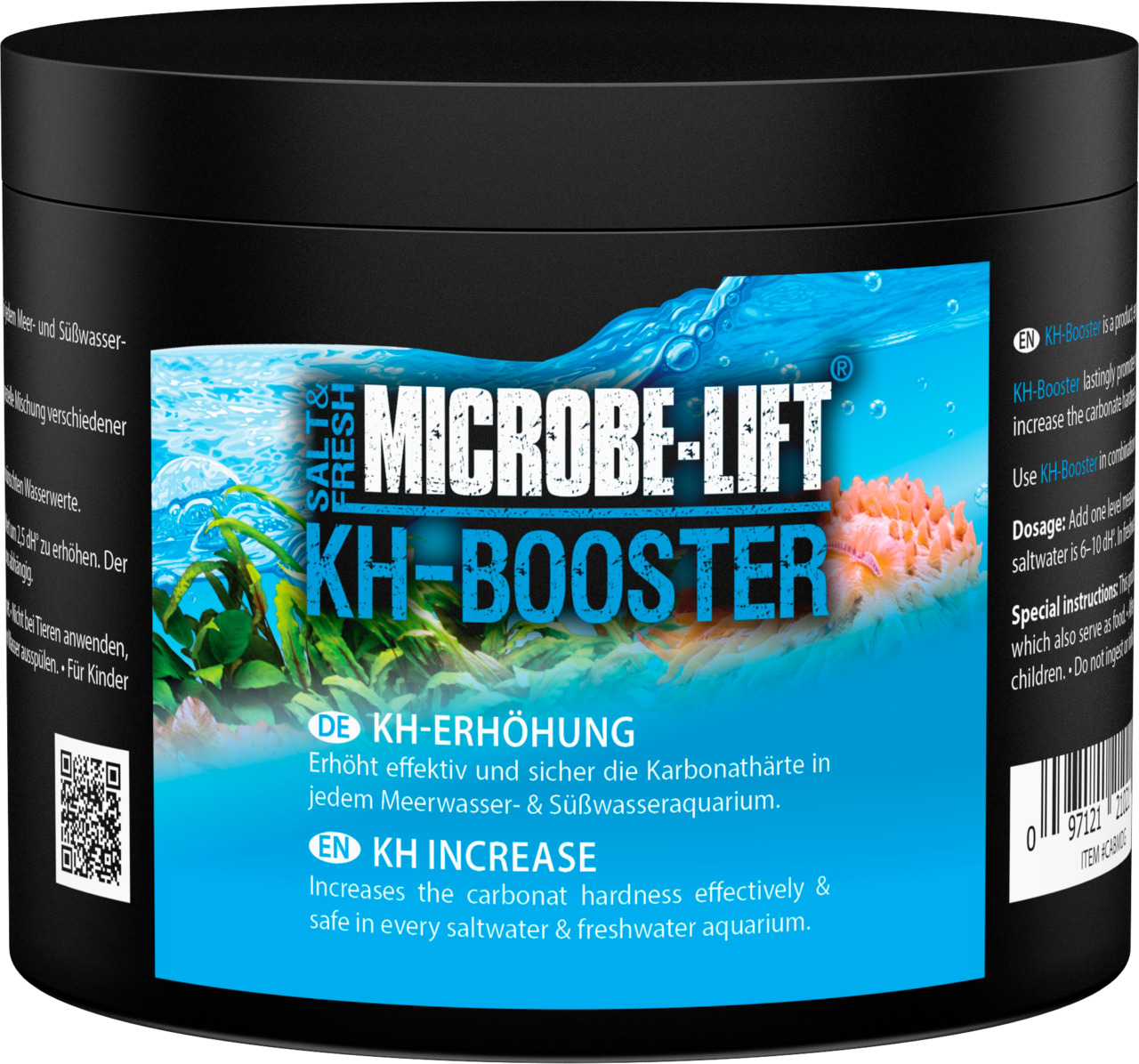 Das Bild zeigt das Produkt "MICROBE-LIFT KH-Booster" in einer schwarzen Dose mit blauem Etikett. Es handelt sich um ein Mittel zur Erhöhung der Karbonathärte in Meer- und Süßwasseraquarien. Zielgruppe sind Aquarienbesitzer. Die Menge ist auf dem Bild nich