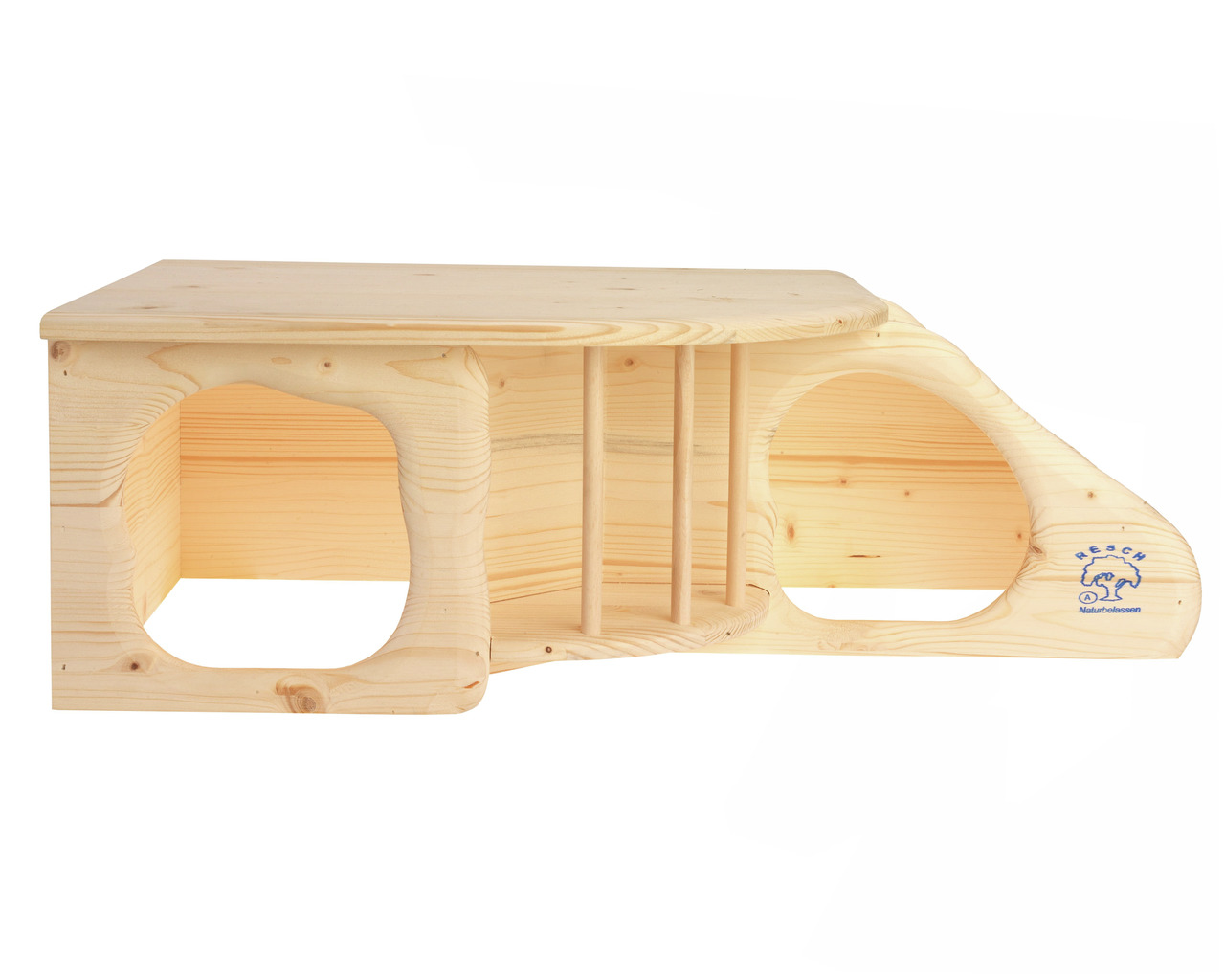 Resch Naturholzhaus für Nager (Hamster, Meerschweinchen), unbehandeltes Holz, 2 Eingänge, flaches Dach als Liegefläche.