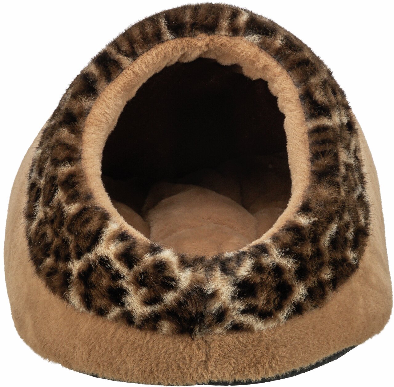 Weiches TRIXIE Kuschelbett für Katzen und kleine Hunde, mit Leopardenmuster, gemütlich und warm, ideal für Rückzug und Schlaf.