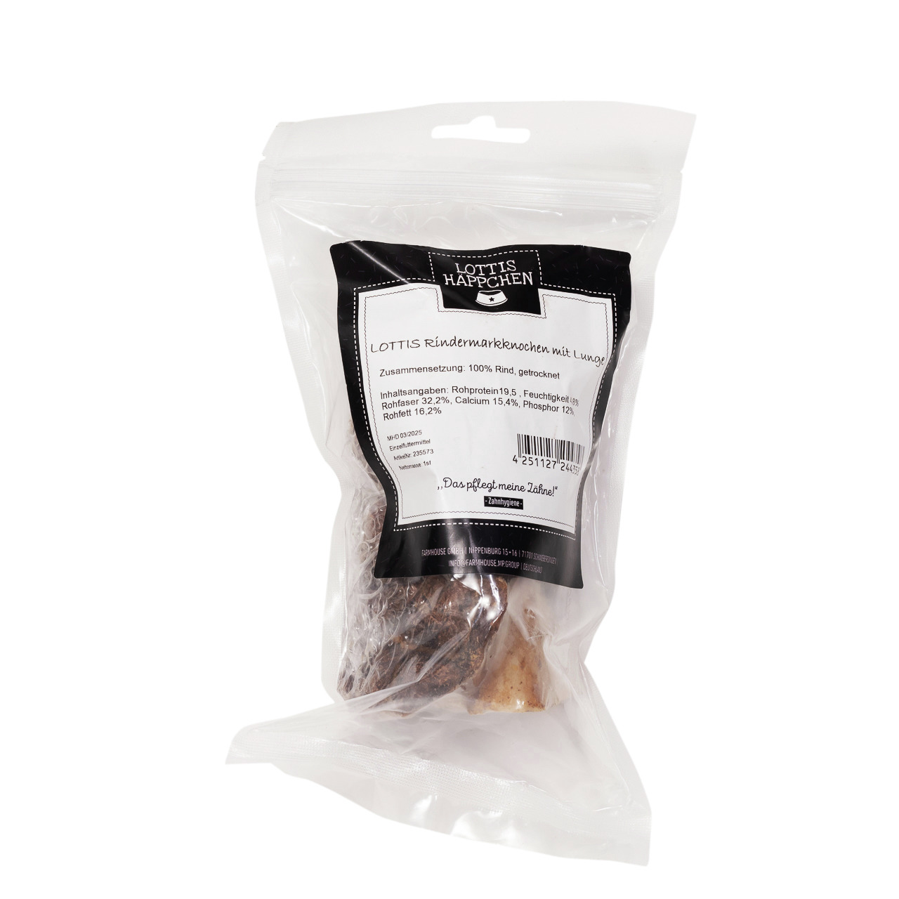Das Bild zeigt eine transparente Verpackung des Produkts „Lottis Häppchen Rindermarkknochen mit Lunge“. Es handelt sich um einen Kausnack für Hunde, bestehend aus 100 % getrocknetem Rind. Die Verpackung enthält Angaben zu Inhaltsstoffen wie Rohprotein (19