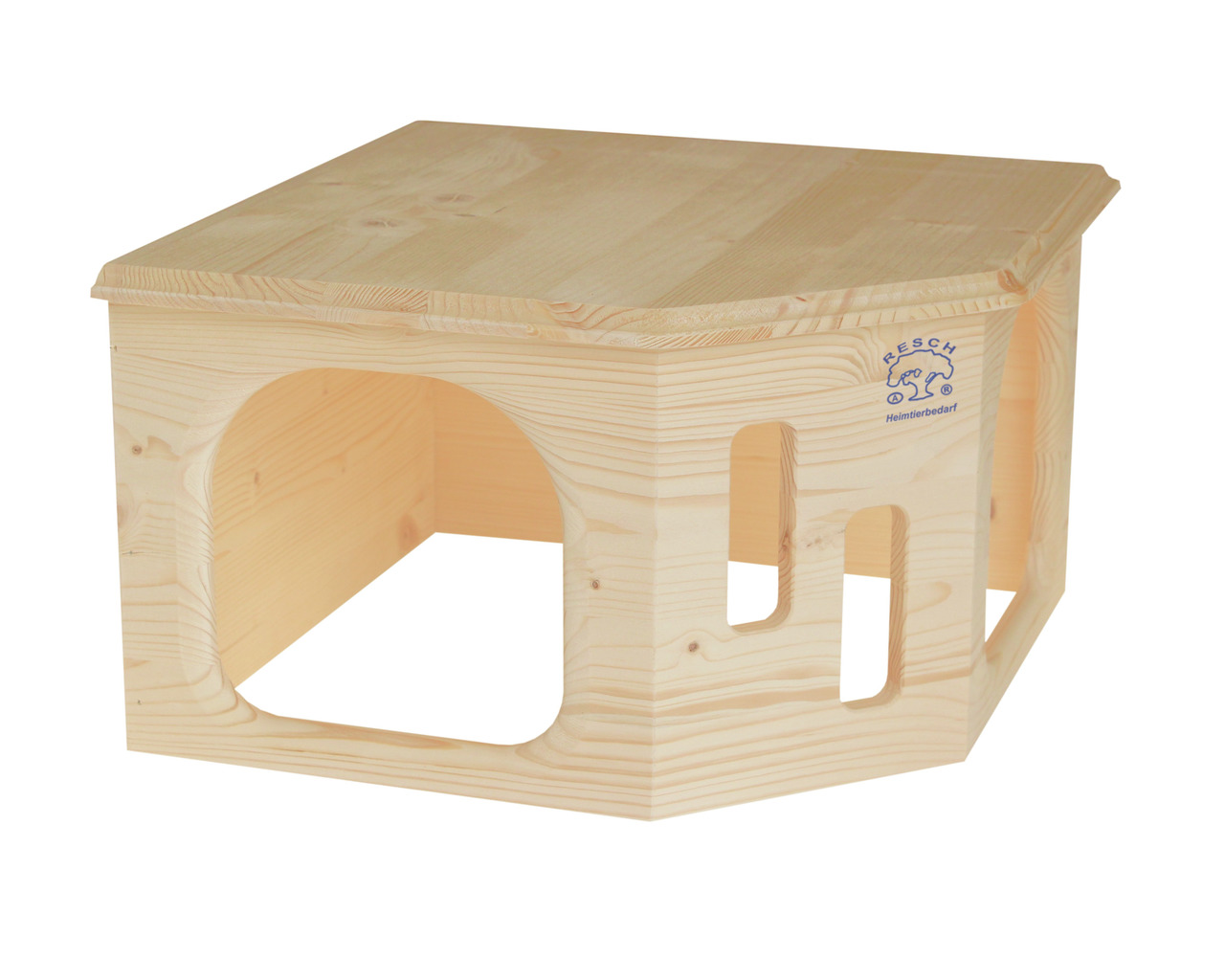 Resch Holzhaus für Nager (Kaninchen-Meerschweinchen), unbehandeltes Holz, rechteckig, großer Eingang, Lüftungsschlitze.