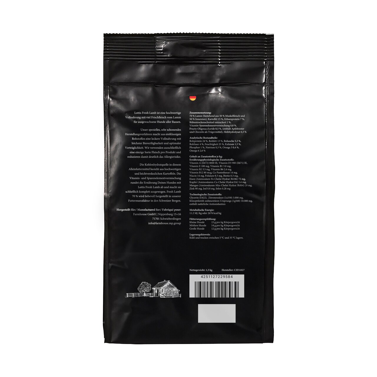 LOTTIS HÄPPCHEN Fresh Lamb Soft Snack für Hunde, Geschmack Lamm, halbfeucht, getreidefrei, 1,5 kg Beutel Rückseite.