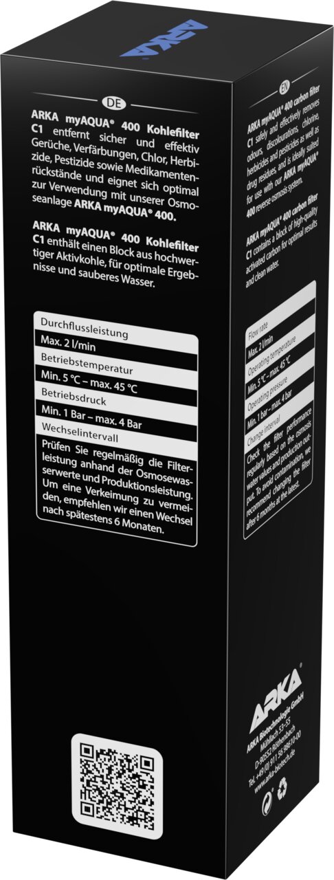 ARKA myAQUA 400 Kohlefilter C1 für Osmoseanlagen im Aquarium, entfernt Gerüche und Chlor, für sauberes Wasser.
