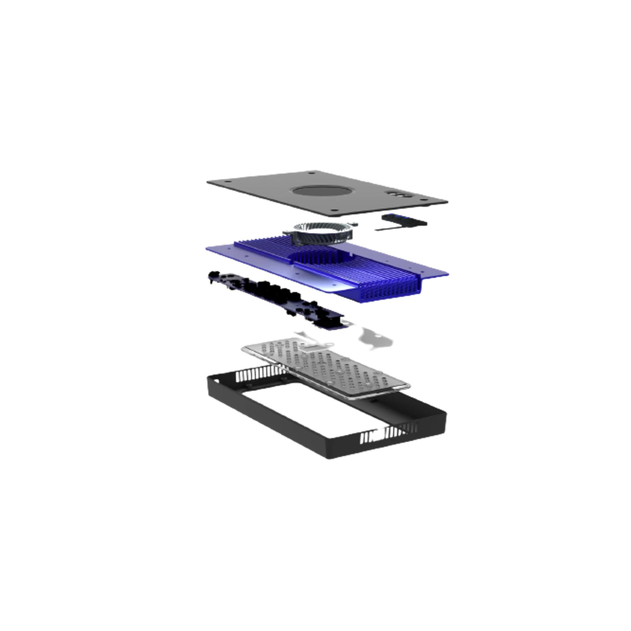 Das Bild zeigt eine Explosionsdarstellung des Ecotech-Produkts mit blauer Platte, schwarzer Basis u. weiteren Bauteilen zur Funktion.