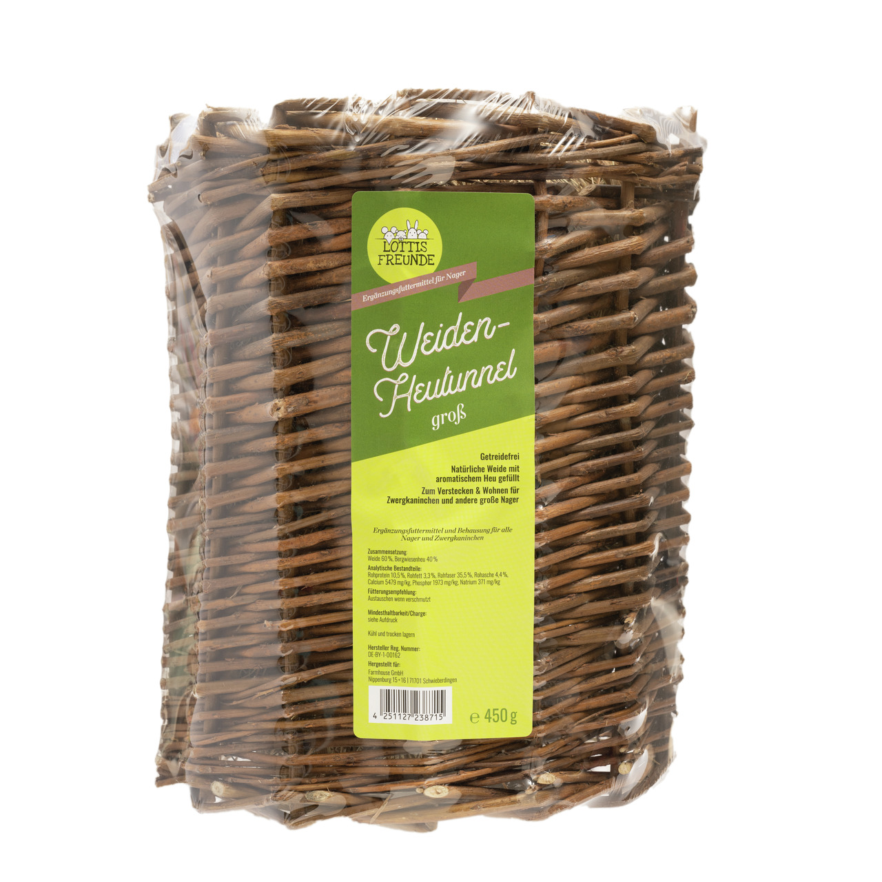 LOTTIS FREUNDE Weiden-Heutunnel groß, 450 g, für Zwerghamster & große Nager, getreidefrei, aus Weide mit aromat. Heu, Verstecken & Wohnen.
